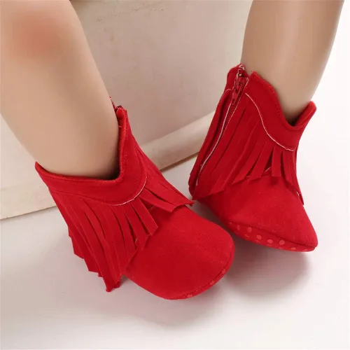 Vista 2 de Timatego Botas vaqueras con borlas para bebé, con cremallera lateral, antideslizantes, para bebés, bebés, para primer caminante, cálidos