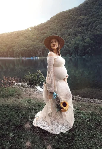 Vista 4 de Saslax Vestido de maternidad de encaje con hombros descubiertos para fotografía, maxi accesorios de maternidad, vestidos para sesión de fotos, baby