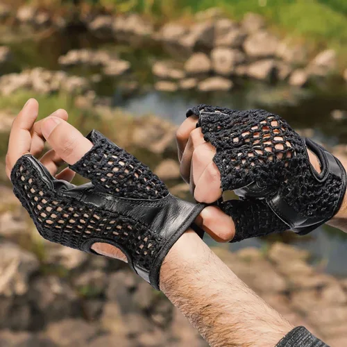 Vista 3 de Guantes de cuero acolchados con gel de levantamiento de pesas de malla para entrenamiento, ciclismo, gimnasio, color negro (XXL)