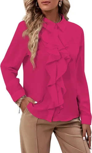 Vista 17 de LYANER - Blusa de manga larga con cuello de botón y volantes en la parte delantera para mujer