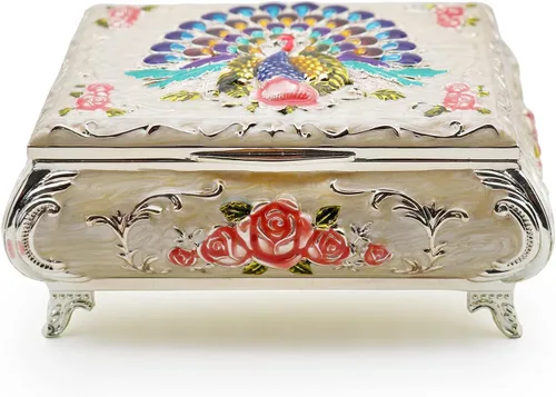 Vista 2 de Joyero de aleación de metal con diseño de rosas de pavo real vintage, de lujo, caja de almacenamiento, anillo y baratija para mujeres y niñas, rosa