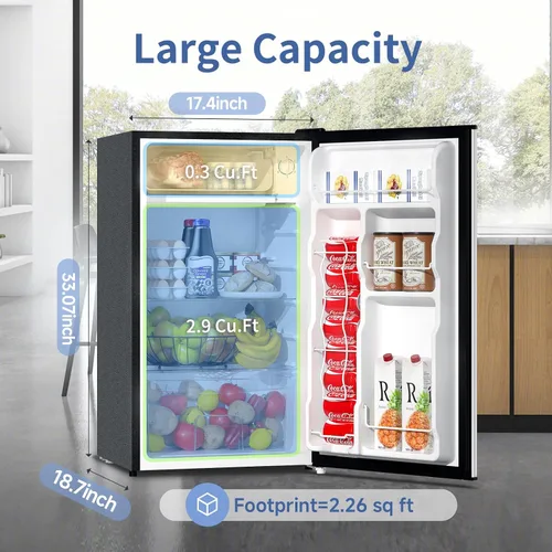 Vista 2 de BANGSON Mini refrigerador con congelador, 3.2 pies cúbicos, refrigerador pequeño de una sola puerta, eficiencia energética, bajo ruido, mini Negro