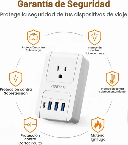 Vista 7 de BESTEK Adaptador de viaje internacional, PD 35W USB‑C cargador de viaje con 3 puertos USB‑A y 1 toma de CA, adaptador de corriente de viaje