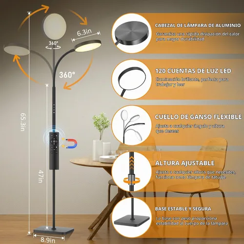 Vista 6 de Lámpara de pie PACOVY, lámparas de pie ajustables de altura para sala de estar dormitorio, lámpara de pie regulable de cuello de ganso súper