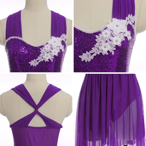 Vista 3 de IBAKOM Disfraces de danza lírica para mujer, lentejuelas brillantes, vestido de baile contemporáneo, disfraz de baile de salón para adultos