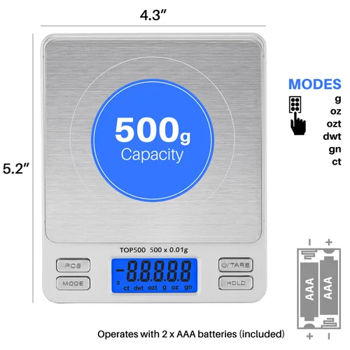 Vista 7 de Báscula Digital Pro de Bolsillo Smart Weigh 500g x 0.01g – 6 Unidades: g, oz, gn, ozt, DWT, ct – Alta Precisión para Cocina, Hierbas y Joyería