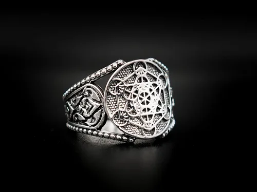 Vista 3 de Anillo Metatron Cube Geometría Sagrada de Plata de Ley 925 para hombre