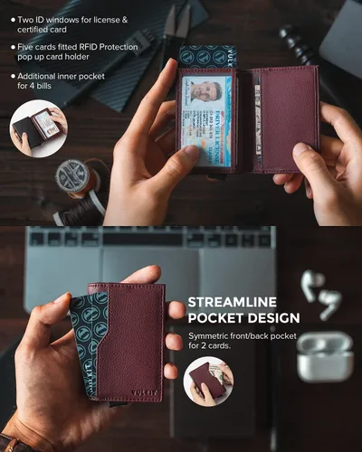 Vista 3 de VULKIT Tarjetero con ventana de identificación, tarjetas emergentes, delgada, de cuero, con protección RFID, hasta 12 tarjetas, funda para tarjetas