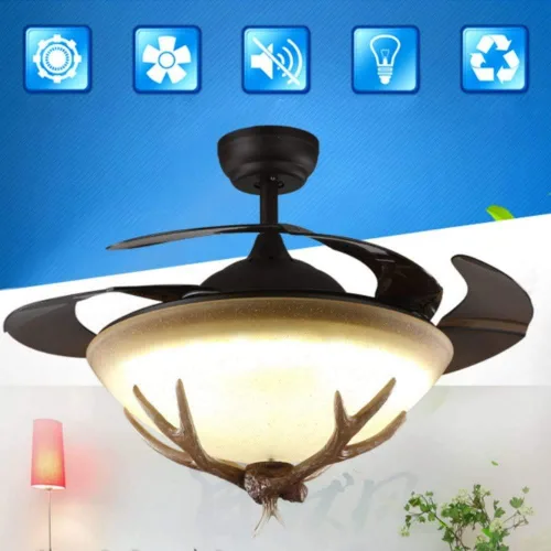 Vista 3 de Ventilador de techo reversible invisible de 42 pulgadas con luces LED y control remoto, 4 aspas retráctiles para sala de estar, kits de luces