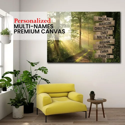 Vista 4 de MySoulAndSpirit Store - Lienzo personalizado con múltiples nombres de sol a través del bosque, arte de pared personalizado con nombre de la familia