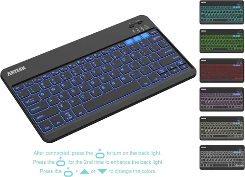 Vista 6 de Arteck HB220B Universal Retroiluminado 7 colores y brillo ajustable Multi-dispositivo delgado portátil inalámbrico Bluetooth 3.0 teclado para iOS
