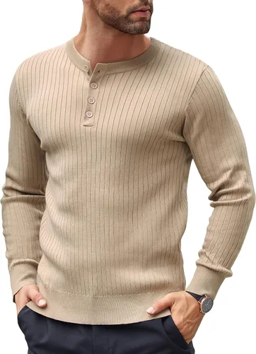 Vista 43 de COOFANDY Suéter de punto Henley para hombre, manga larga, con botones, ligero, para otoño, ajustado, acanalado