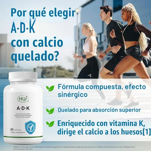 Vista 3 de HUJ Suplemento ADK, 60 cápsulas, calcio, vitaminas A, D3, K2 (MK-7)