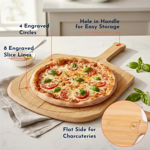 Vista 4 de Pizarra de madera de 12 pulgadas con tamaños grabados, tabla de cortar de pizza de bambú multiusos, cáscara de pizza de madera, espátula de pizza