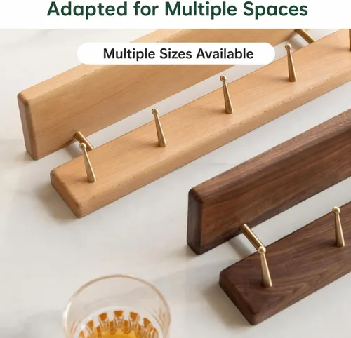 Vista 2 de Solid Wood Wall Hooks with Shelf, Coat Rack Wall Mount, Entryway Hanging Shelf with 6 Brass Hooks for Hats, Clothes, Towels, Bags, Beech Wood