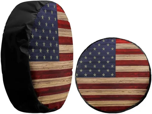 Vista 4 de Cubierta de neumático de repuesto de madera recuperada con bandera estadounidense, impermeable, a prueba de polvo, apta para Jeep, remolque, RV, SUV