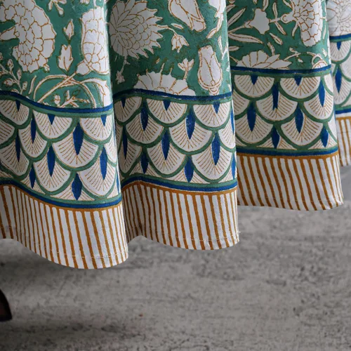 Vista 5 de Mantel redondo con estampado de bloque a mano, 100% algodón, reutilizable, turquesa, verde musgo, 90 pulgadas, mantel decorativo para uso diario