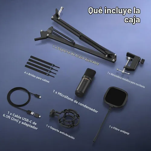 Vista 9 de TONOR Micrófono de PC con kit de brazo Boom para podcast, micrófono de condensador para computadora, recogida cardioide, micrófono USB con soporte