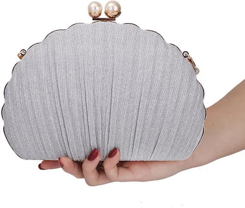 Vista 2 de Women Mini Pleated Seashell Evening Clutch Handbag Chain Strap Cross-body Bag