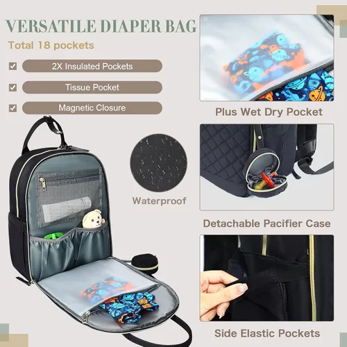Vista 3 de Mochila para pañales con cambiador, bolsas de maternidad grandes para recién nacidos, 18 bolsillos, bolsillos aislados, correas para cochecito, Negro