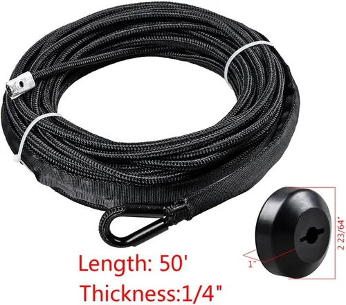 Vista 2 de Astra Depot Cable de cabrestante sintético negro de 50 pies x 1/4 pulgadas, 7000 libras, con protección contra rocas y todo el calor + tapón de goma