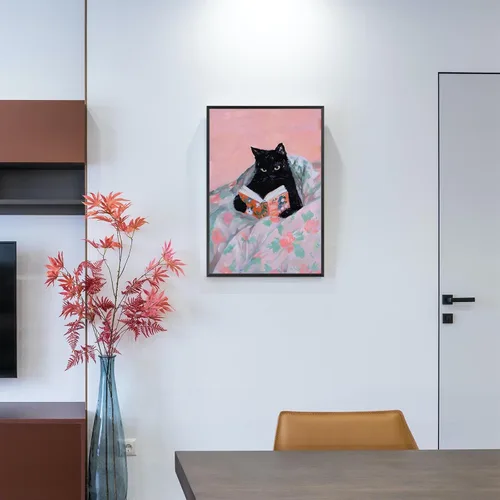 Vista 7 de Pósters divertidos de gatos negros con estilo funky Gatos de mascota leyendo en la cama Arte de pared en lienzo Impresiones de animales preppy