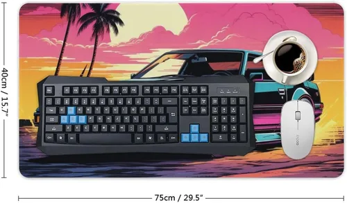 Vista 2 de Large Mouse Pad Classic Retro Sports Car Synthwave Sun Palm Trees Art Desk Mat Computer Accessories Gaming Office Organizers Supplies Decor