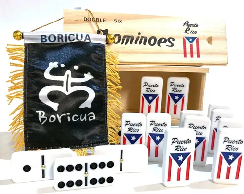 Vista 2 de Dominó de Puerto Rico Double Six Boricua Classic 2pc Dominó y Mini Bandera de Puerto Rico