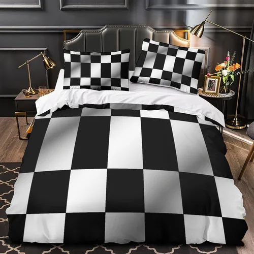Vista 3 de Funda de edredón a cuadros en blanco y negro con estampado 3D para niños y niñas, fundas de edredón con fundas de almohada, juego de ropa de cama