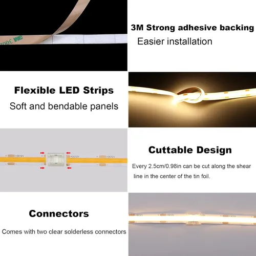 Vista 4 de TOPAI Tira de luz LED COB de 12 V, 3000 K, blanco cálido, impermeable, IP65, 480 LEDs/M, súper brillante, 4000 lúmenes, CRI>90, 16.4 pies, sin