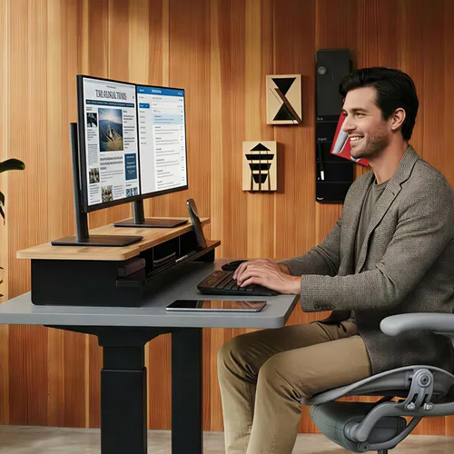 Vista 2 de Estante de escritorio con soporte de monitor dual de 42.5" con soporte para tableta de teléfono