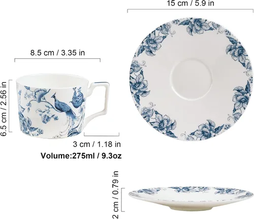Vista 6 de fanquare Juego de taza de té y platillo de porcelana de hueso de 9 onzas para 1, taza de café azul y blanca con juego de platos, taza de té