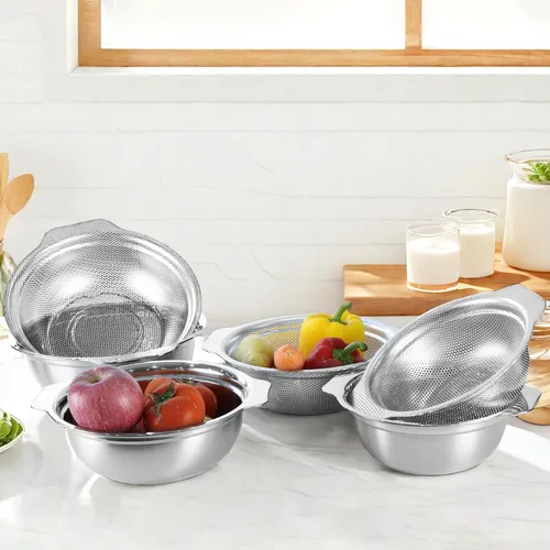 Vista 6 de Colador de acero inoxidable para cocina, colador de arroz de 2.5 cuartos con tazón para mezclar, juego de cuencos coladores con microporoso
