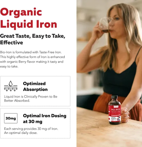 Vista 3 de Suplemento de hierro líquido Certificado orgánico, sabor a bayas, alimento entero, refuerzo de absorción de vitamina C y construcción de sangre