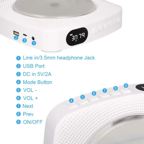Vista 7 de Reproductor de CD, altavoz de alta fidelidad Bluetooth, reproductor flash USB, caja de audio de entrada de línea AUX, radio FM, portátil, montaje