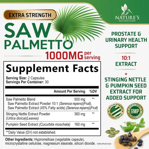 Vista 2 de Saw Palmetto para hombres, suplementos de salud de próstata de fuerza 3 veces para apoyo a la salud masculina, con ortiga picante y extracto