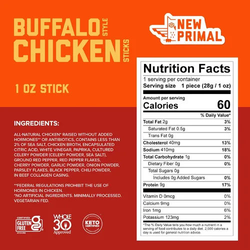 Vista 3 de New Primal - Muestreador de palitos de pollo, búfalo y asador, 5 unidades Alto en proteínas, cero azúcar, todo natural, aperitivo saludable, sin