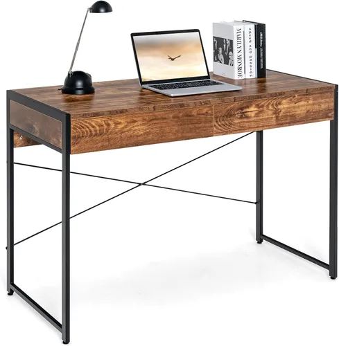 Vista 13 de Tangkula Escritorio para computadora con 2 cajones, escritorio de estudio de madera simple con marco de acero, estación de trabajo para computadora