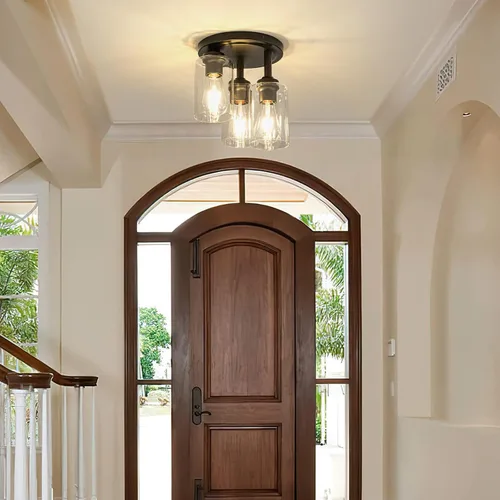 Vista 3 de 3-Light Black Outdoor Flush Mount Ceiling Light Fixture with Glass Shade Lámparas de techo de jaula cuadrada rústica de 10.6 pulgadas, lámparas
