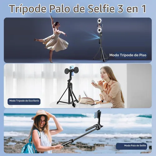 Vista 3 de Trípode de seguimiento facial automático de 70.9 pulgadas, rotación de 360° con luces, sensor de movimiento, trípode para teléfono, palo para selfie