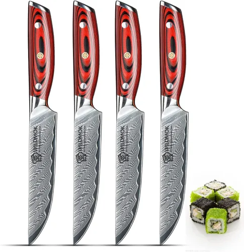 Vista 7 de WILDMOK Juego de cuchillos para carne, 4 piezas de espiga completa de 5 pulgadas, cuchillos de cena de acero de Damasco forjado de espiga completa