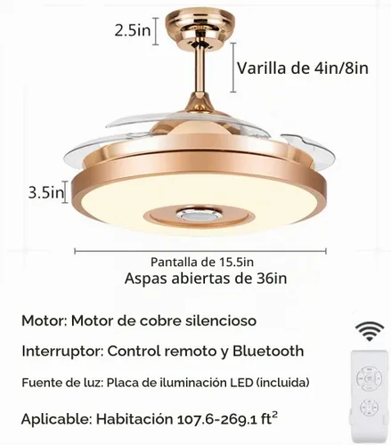Vista 5 de Fandian Ventiladores de techo inteligentes modernos de 36 pulgadas con luz, candelabros con altavoz Bluetooth, 7 colores retráctiles con control