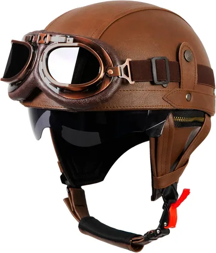 Vista 7 de Casco de motocicleta de cuero de estilo alemán, aprobado por DOT, casco vintage de media cara con gafas y visera oculta, media carcasa