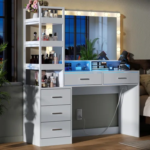 Vista 2 de Gyfimoie Escritorio blanco con espejo y luces, mesa de maquillaje de 8 cajones con parte superior de cristal, tomas de corriente y luces RGB