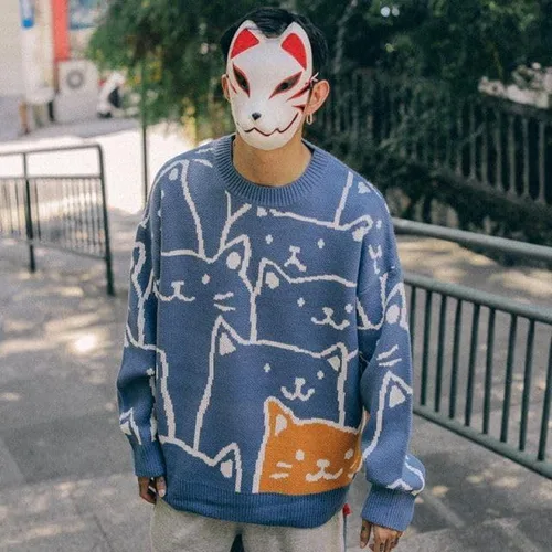 Vista 3 de Gato Gráfico Hombres Abuelo Suéter Japonés Gótico Punto Outwear Emo Alt Cuello Redondo Ropa Linda Y2K Tops de Manga Larga