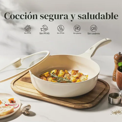 Vista 2 de Redchef Sartén antiadherente para freír con tapa, sartén para saltear de cerámica, libre de PFOA y PFOS, compatible con inducción, mango con ayuda