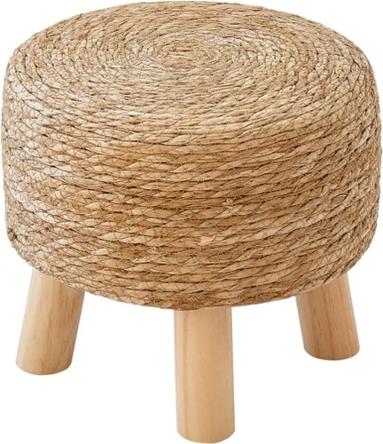 Vista 12 de Taburete redondo otomano natural de algas marinas, taburete de pie con 4 patas de madera, taburete redondo tejido a mano, taburete de sofá, taburete
