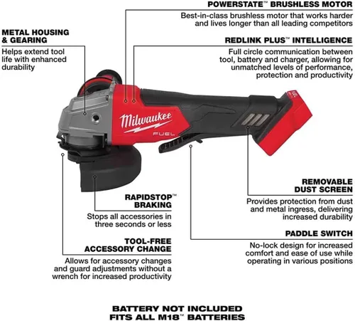Vista 3 de Milwaukee 2880-20 M18 Fuel Brushless Litio-Ion 4-1/2 pulgadas / 5 pulgadas. Amoladora angular pequeña inalámbrica con interruptor de paleta sin