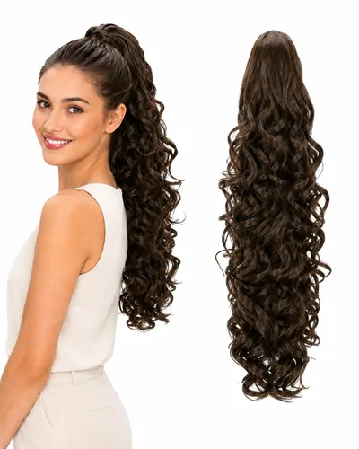 Vista 17 de Prettyshop - Extensión de cola de caballo de 24 pulgadas con clip, larga, voluminosa, ondulada, resistente al calor, color negro H63 Negro # 1 H63