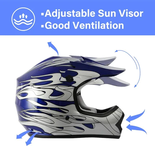 Vista 5 de TCMT Casco Azul para Niños, Motocicleta, Motocross, ATV, BMX, MX, Motocross Todoterreno, Casco Integral, Aprobado por el DOT, Guantes, Gafas